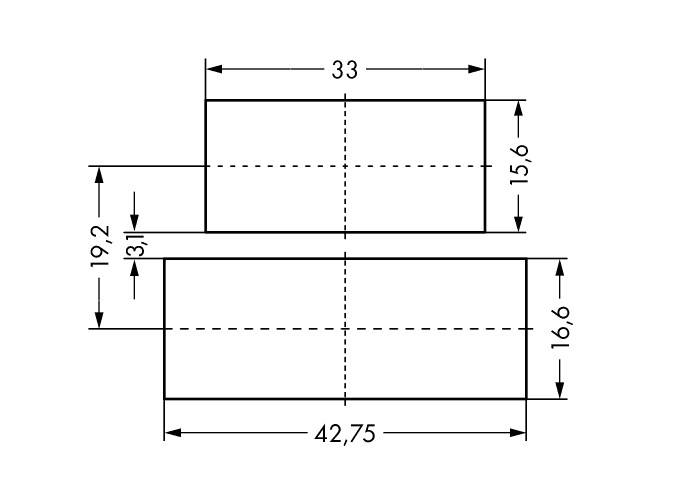 Diagramm mit zwei Rechtecken, Abmessungen oben: 33 x 15,6, unten: 42,75 x 16,6. Abstand zwischen ihnen: 19,2, zusätzliches Maß: 13,1.