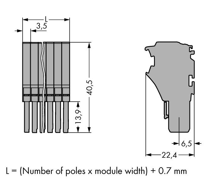Technische Zeichnung eines Steckverbinders mit Maßen. Links: Frontalansicht mit Breite 'L', 3,5 mm Pol-Abstand. Rechts: Seitenansicht 22,4 mm Tiefe, 40,5 mm Höhe.
