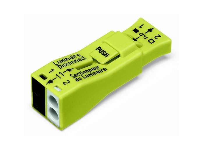 Ein grüner elektrischer Steckverbinder mit der Aufschrift 'Luminaire Déconnecté' und Symbolen zur Verdrahtung von Leuchten.