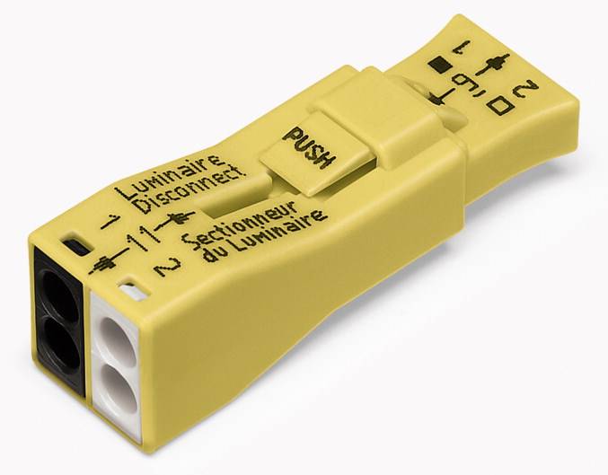 Gelbes elektrisches Steckverbindungsteil mit Aufschrift 'Luminaire Disconnect' und 'Push'. Es verbindet elektrische Leitungen.