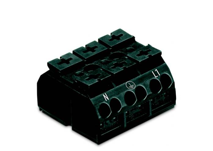 Klemmblock mit Bezeichnungen 'N', Erdungssymbol, 'L1'. Verwendet für elektrische Verbindungen, zeigt drei Anschlussklemmen.