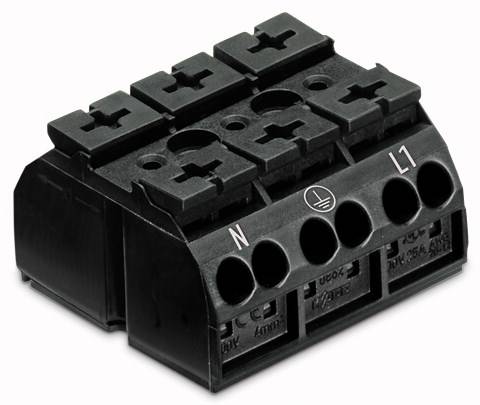 Schwarzer elektrischer Anschlussblock mit sechs Öffnungen, markiert mit 'N', 'Erde' und 'L1', für Kabelverbindungen.