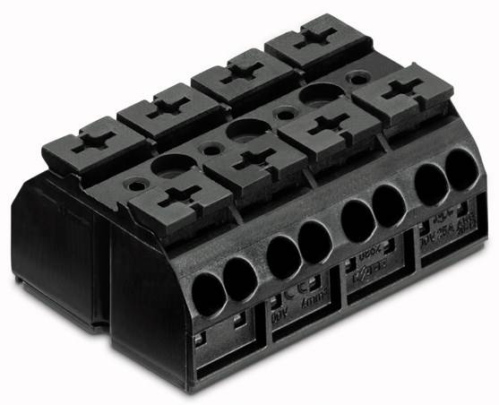 Schwarze Steckklemme mit mehreren Anschlussmöglichkeiten, geeignet für elektrische Verbindungen und verkabelte Montagen.