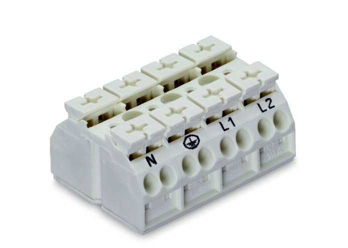 Weiße elektrische Anschlussklemme mit sechs Öffnungen, beschriftet mit 'N', 'L1' und 'L2', zum Verbinden von Kabeln.