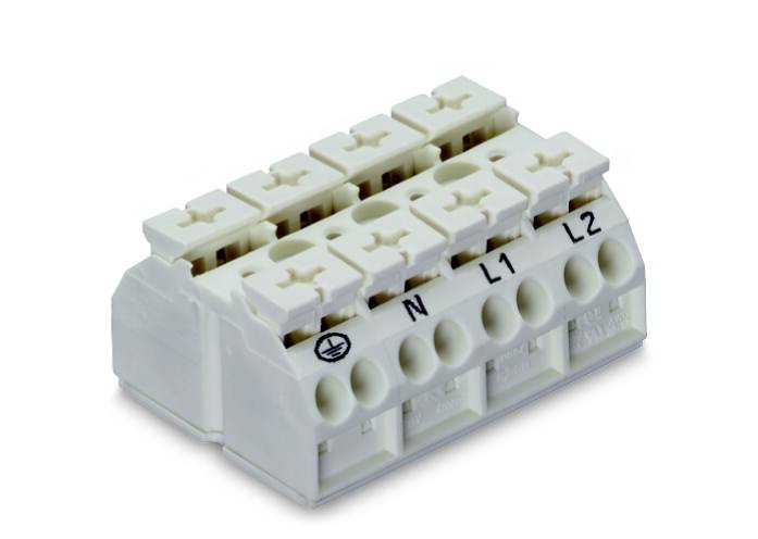 Ein weißer elektrischer Anschlussblock mit Beschriftungen 'N', 'L1', und 'L2' für die Verdrahtung mehrerer Kabel in einem Schaltkasten.