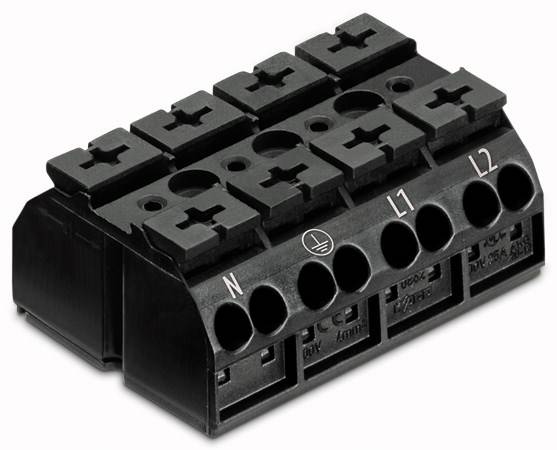 Schwarzer Verbinderblock mit Anschlüssen, beschriftet mit 'N', Erdungssymbol, 'L1' und 'L2'. Geeignet für elektrische Installationen.
