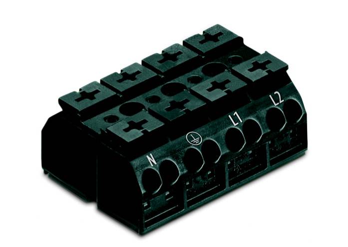 Schwarze elektrische Anschlussklemme mit sechs slots, markiert mit 'N', 'L1', 'L2' und Erdungssymbol, zum Verbinden von Drähten.