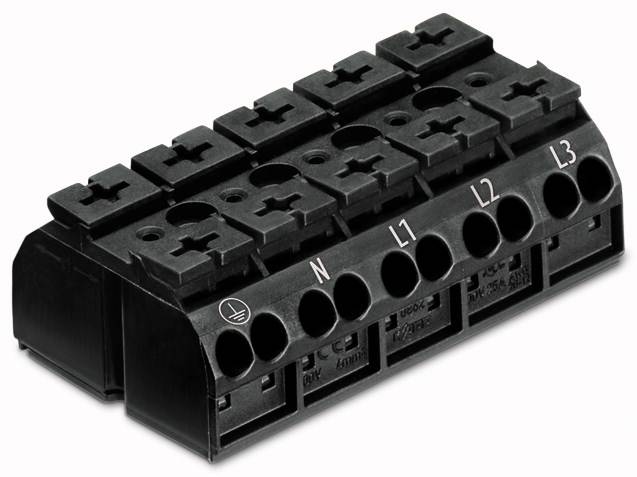 Schwarze elektrische Anschlussklemme mit den Beschriftungen 'N', 'L1', 'L2', 'L3'. Geeignet für den Anschluss von Kabeln.