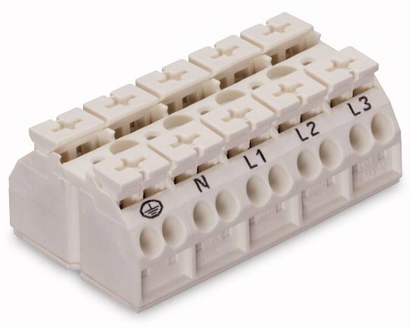 Weiße elektrische Klemme mit sechs Anschlüssen, beschriftet mit 'N', 'L1', 'L2', 'L3', zum Verbinden von elektrischen Leitern.