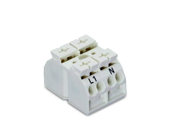Ein weißer Steckverbinder mit drei Anschlüssen, gekennzeichnet mit 'L1' und 'N', zur elektrischen Verbindung von Kabeln.