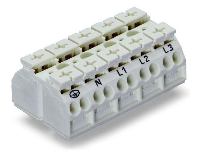 Weiße elektrische Anschlussklemme mit mehreren Anschlusspunkten, beschriftet mit 'N', 'L1', 'L2', 'L3', zur Verteilung von Strom.