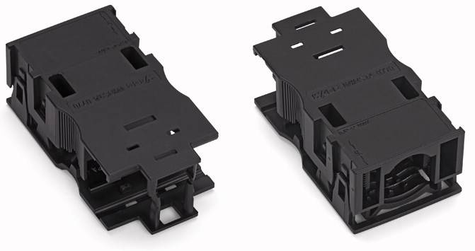 Zwei schwarze Kunststoffteile mit rechteckigen Öffnungen und Verbindungselementen, die für elektrische Installationen verwendet werden.
