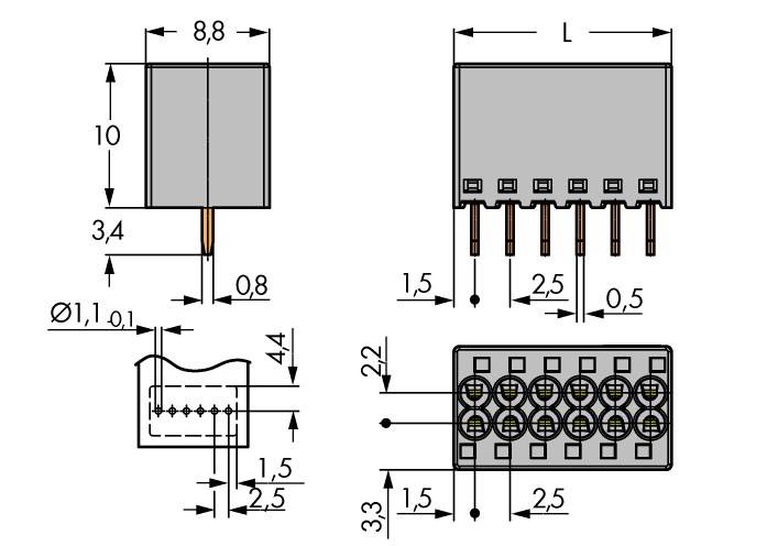 WAGO 2080-506 Federkraftklemmblock 1 mm² Polzahl (num) 6 Grau 100 St.
