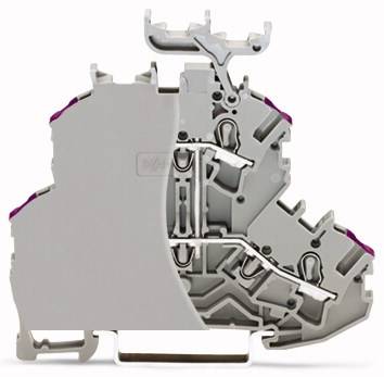 Querschnitt eines elektrischen Steckverbinders in Grau mit violetten Details, der innere Aufbau und die Anschlüsse sind sichtbar.