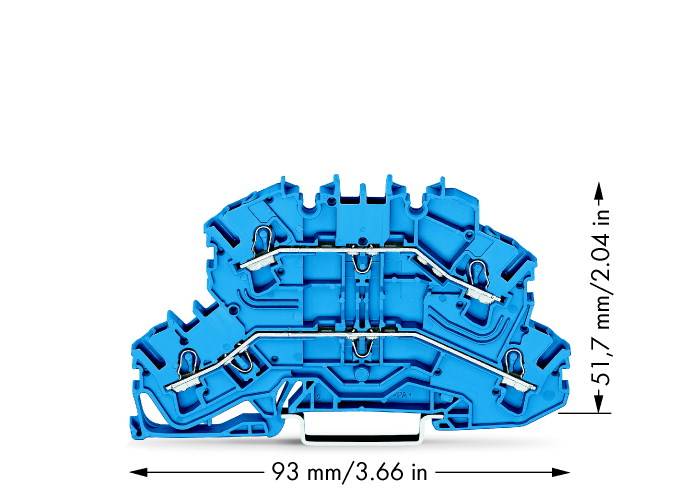 Blauer elektrischer Anschlussklemmenblock mit zwei Leitungsebenen; Abmessungen: 93 mm Breite, 51,7 mm Höhe.