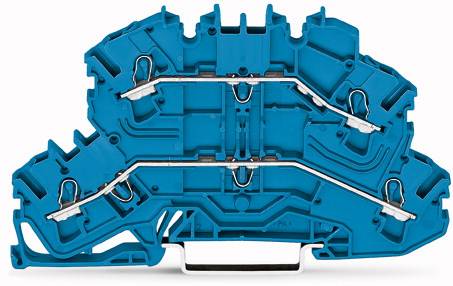 Ein blauer elektrischer Verbindungsklemmblock mit Metallbügeln und Anschlussklemmen, wichtig für elektrische Verdrahtungen.