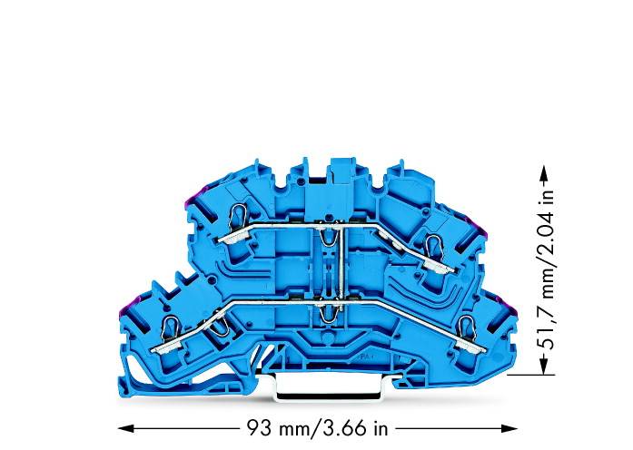 Blauer doppelter Installationsklemmenblock mit Abmessungen: Breite 93 mm (3,66 Zoll), Höhe 51,7 mm (2,04 Zoll).