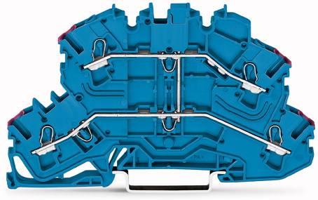 Ein blauer elektrischer Reihen-Klemmenblock mit internen Metallverbindungen, die Stromführung zeigen, Vorderansicht.