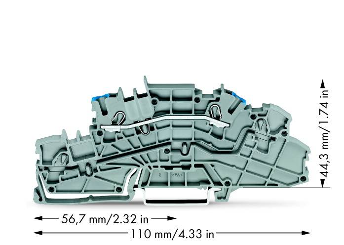 Klemmenblock aus grauem Kunststoff mit blauen Bauteilen. Maße: Breite 110 mm, Höhe 44,3 mm, Tiefe 56,7 mm.