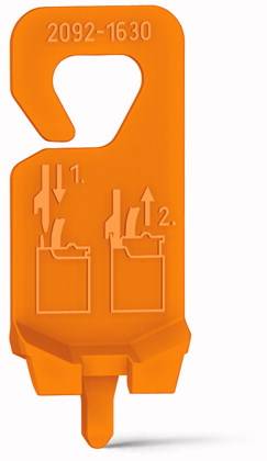 Ein orangefarbenes Werkzeug mit zwei abgebildeten Schritten, die leiten, wie ein Stecker entfernt wird. Oben steht '2092-1630'.