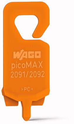 Ein orangefarbenes Kunststoff-Werkzeug von WAGO mit der Bezeichnung 'picoMAX 2091/2092', verwendet im elektrischen Bereich.