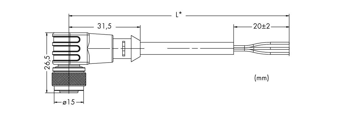 Technische Zeichnung eines Steckverbinders mit Längenangaben: 31,5 mm und 20±2 mm. Durchmesser 15 mm und 26,5 mm hoch.