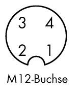 Abbildung einer M12-Buchse mit vier nummerierten Anschluss-Pins: 3, 4, 2, 1.