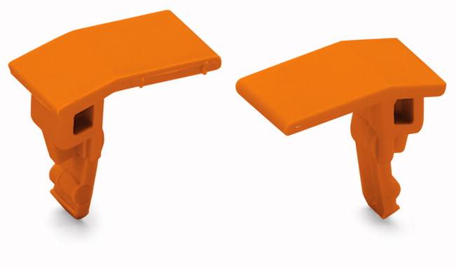 Zwei orange Kunststoffteile mit rechteckigen Flächen und Haken am unteren Ende. Sie sind ergonomisch geformt.