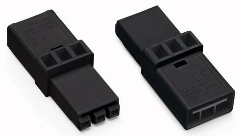 Zwei schwarze Adapter mit rechteckiger Form, einer zeigt die Vorderseite mit dreifacher Steckverbindung, der andere die Rückseite.