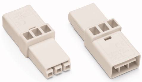 Zwei beige Stecker mit rechteckiger Form und drei Anschlüssen, nebeneinander auf weißem Hintergrund.