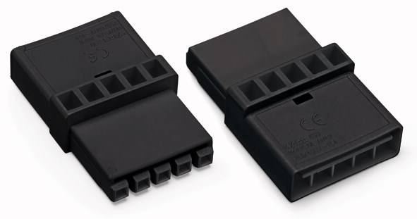 Zwei schwarze Steckverbinder für Batterien, einer mit sechs Kontakten, der andere mit einer geraden Verbindung für elektrische Geräte.