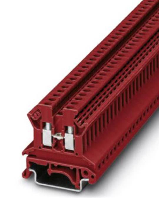 Eine rote Reihenklemme für industrielle Anwendungen, mit zwei Anschlüssen und stabiler Bauweise, dargestellt in Nahaufnahme.