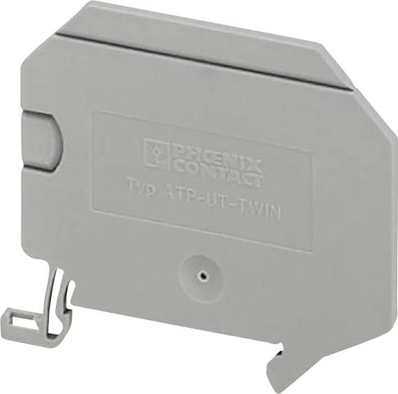 Ein graues Endstück für eine Reihenklemme von Phoenix Contact, Modell ATP-UT-TWIN, für sichere elektrische Verbindungen in Schaltschrankinstallationen.