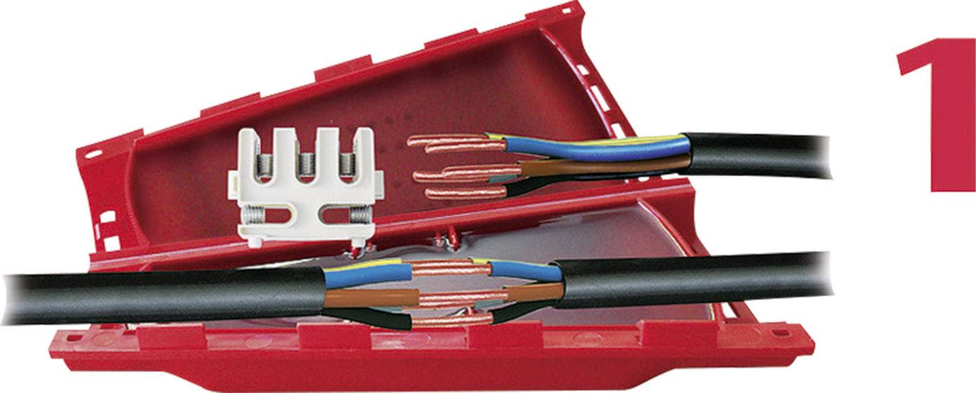 Ein offener roter Kabelverbinder zeigt verschiedene elektrische Kabel mit unterschiedlichen Farben, die verbunden werden.