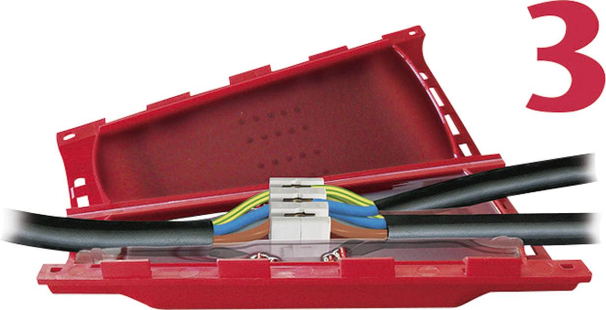 Ein roter Kabelverbinderkasten, geöffnet, mit installierten Drähten, Nummer '3' in der oberen rechten Ecke.