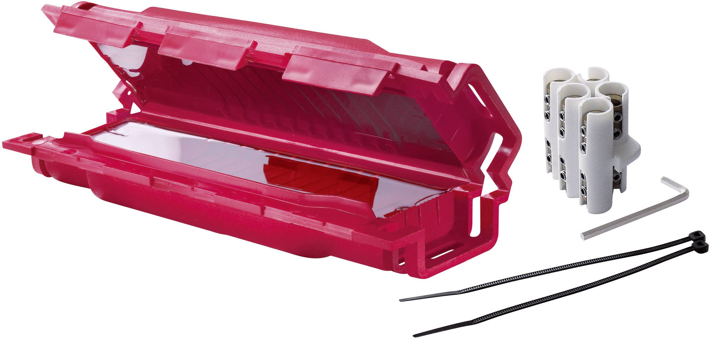 Ein rotes Kabelschutzgehäuse, geöffnet, neben Kabelbindern, Rohrhaltern und einem Inbusschlüssel, für Kabelinstallation.