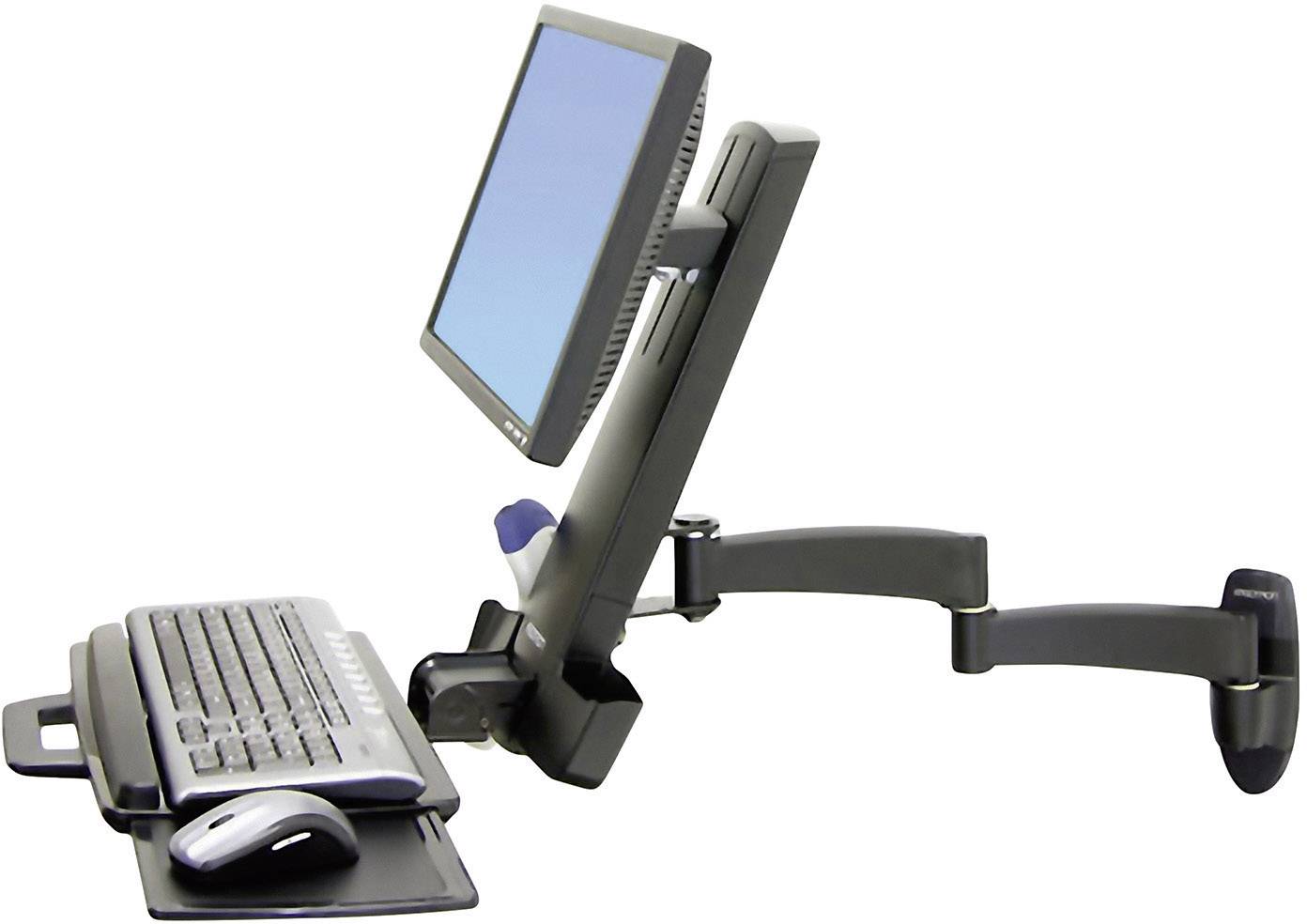 Ergonomischer Monitorhalter mit Tastaturablage, an der Wand montiert, zeigt ein Computermonitor und Tastatur-Maus-Set in verstellbarem Winkel.