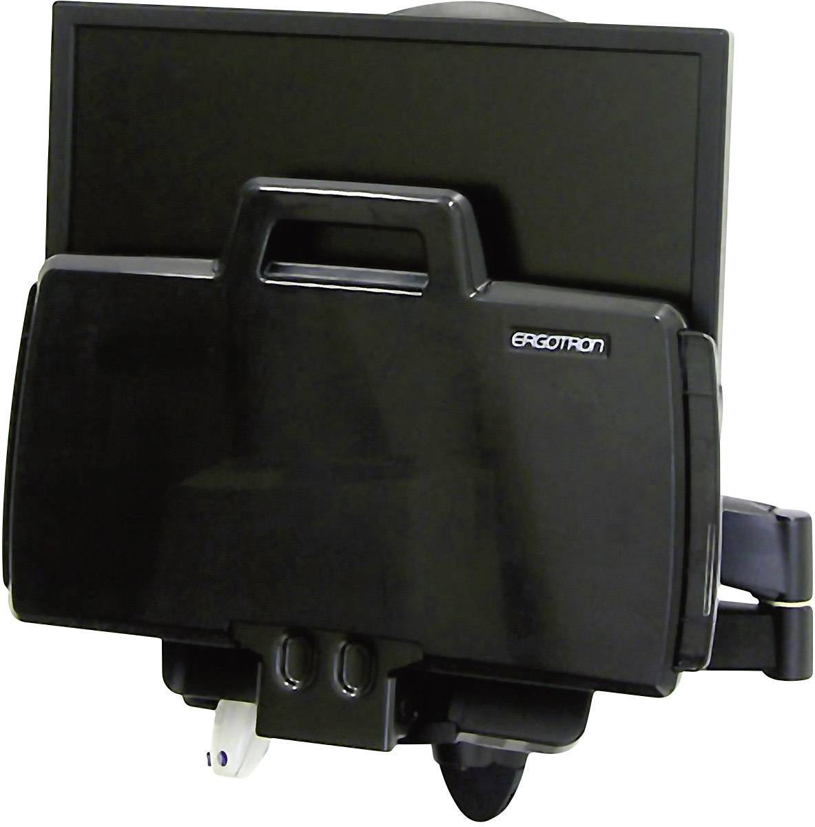 Ein schwarzer Monitorhalter von Ergotron an der Wand montiert. Er hat eine Halterung und bietet eine ergonomische Bildschirmpositionierung.