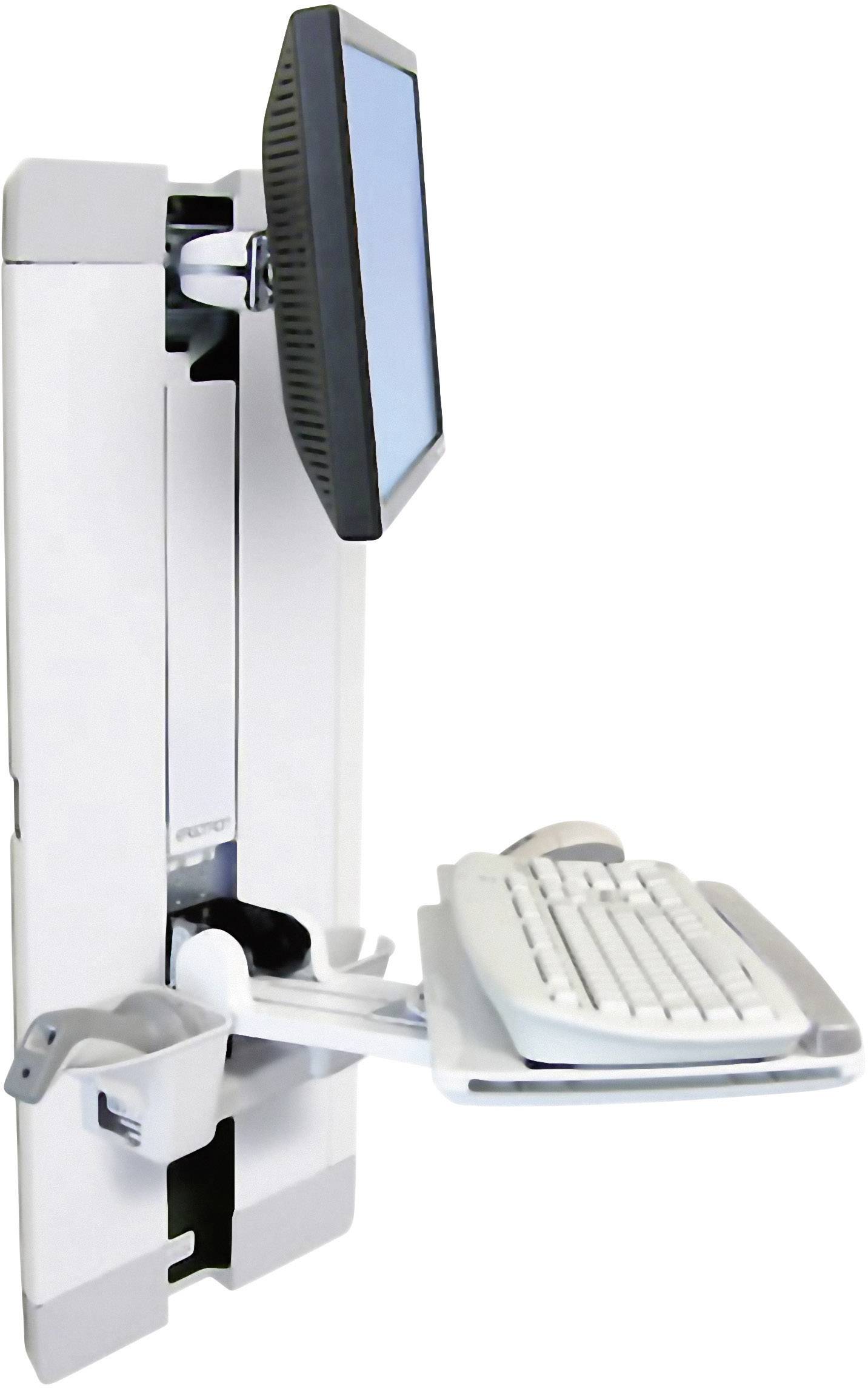 Monitor- und Tastatur-Halterung an der Wand montiert, hält Bildschirm und Tastatur. Ergonomisches Design zur Platzersparnis in Büros.