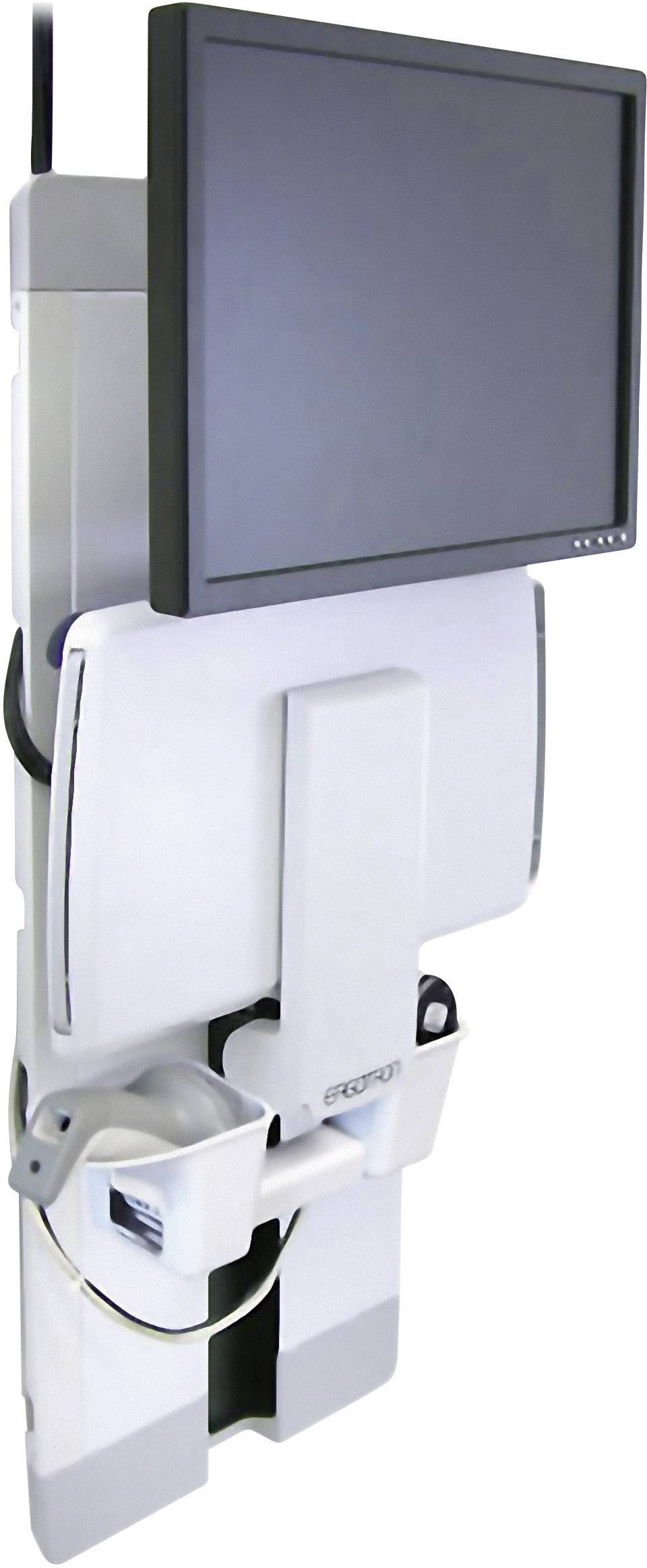 Ein moderner, an der Wand montierter Computerarbeitsplatz mit beweglichem Bildschirm, Tastaturablage und Ablagefächern.