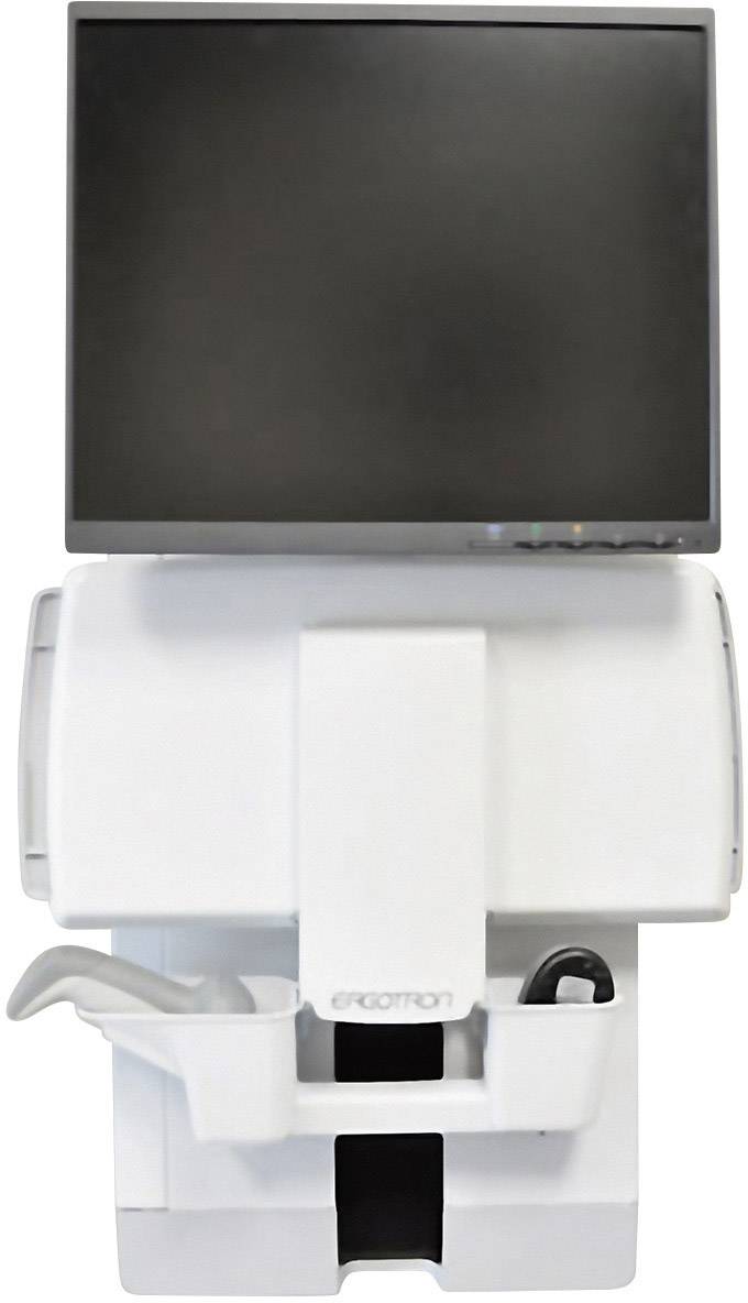 Ein medizinischer Computerwagen mit Monitor und Aufbewahrungsmöglichkeiten, für den Einsatz in Krankenhausumgebungen geeignet.