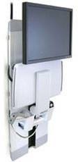 Ein wandmontierter Computerarbeitsplatz mit verstellbarem Monitor und Kabelmanagement. Ideal für platzsparende Umgebungen.