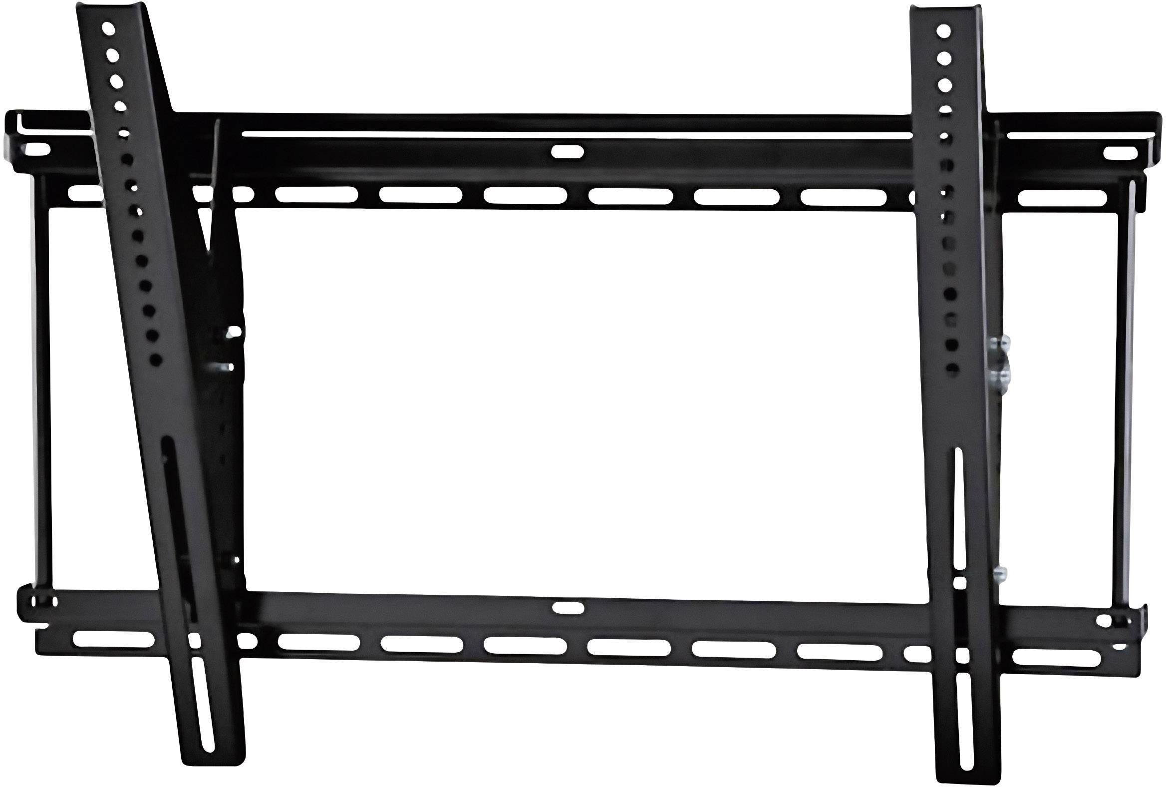 Wandhalterung für TV-Geräte, schwarzes Metall, verstellbar, mit mehreren Befestigungslöchern und Schienen zur Anpassung der TV-Größe.