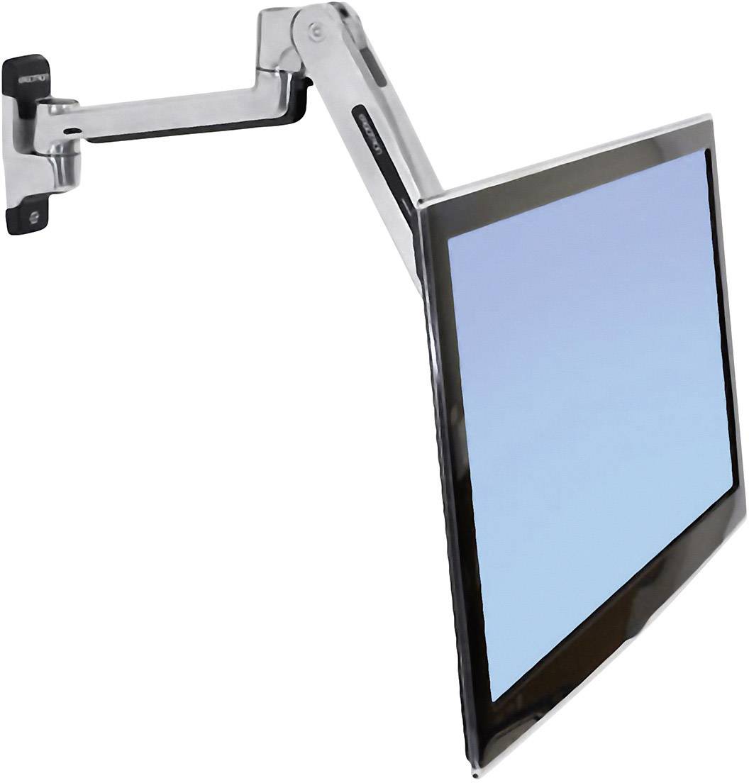 Ein Flachbildschirm ist an einem verstellbaren Wandarm montiert, der eine flexible Ausrichtung ermöglicht. Ideal für Arbeitsplätze.