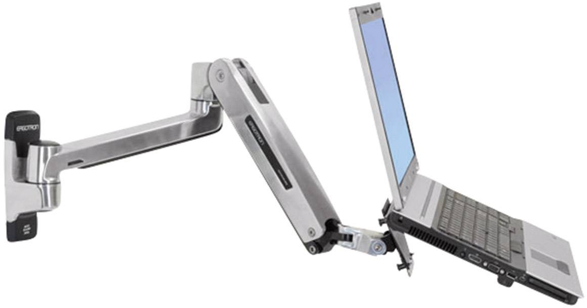 Ein Laptop ist auf einem verstellbaren, metallischen Schwenkarm montiert. Der Arm ermöglicht flexible Positionierung für ergonomisches Arbeiten.