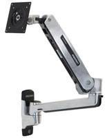 Monitorarm in silbernem Finish, verstellbar für flexible Positionierung, geeignet zur Wandmontage von Bildschirmen.