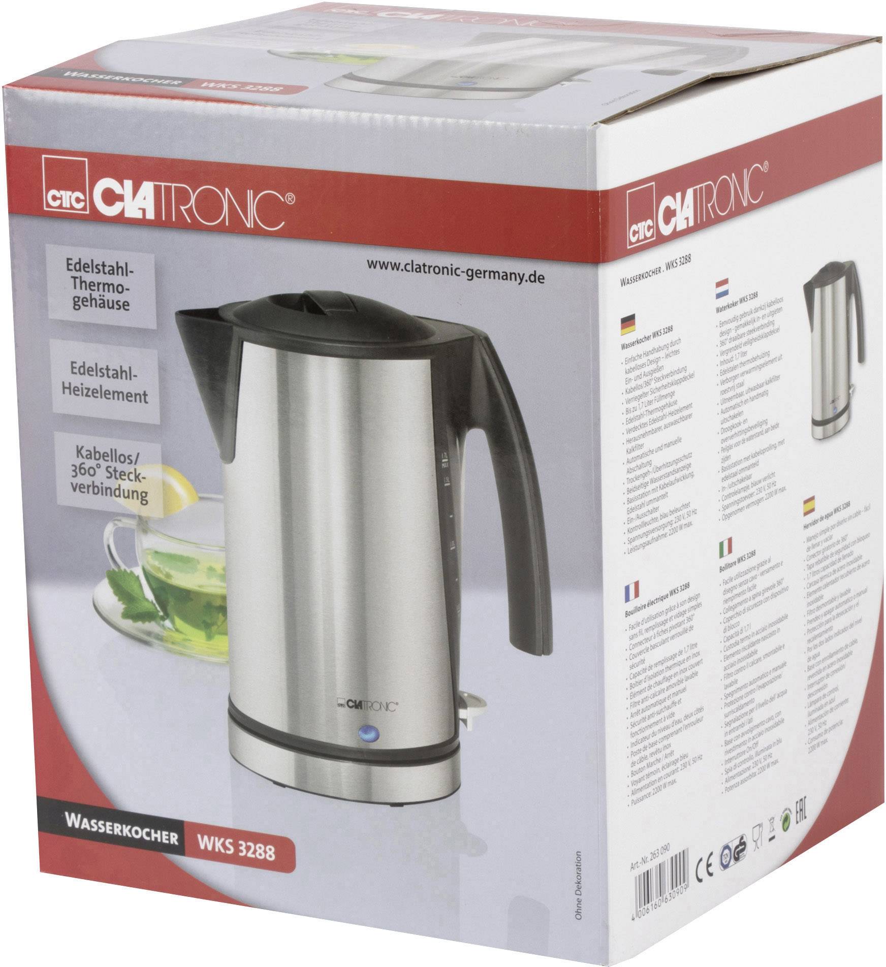 Clatronic WKS 3288 Wasserkocher schnurlos Silber (gebürstet), Schwarz