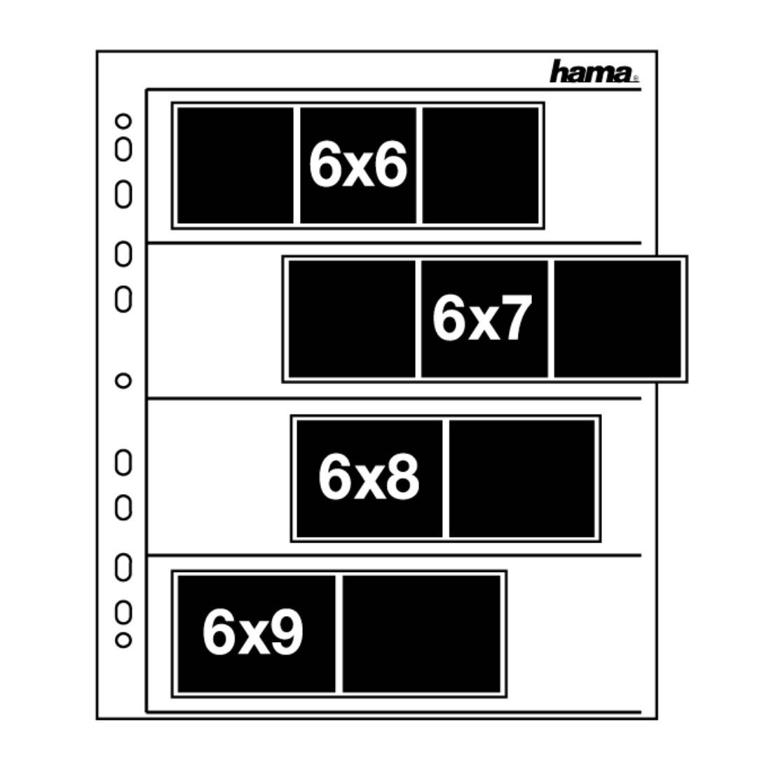 Negativarchivseite von Hama mit vier Abschnitten für Negative in Größen 6x6, 6x7, 6x8 und 6x9.