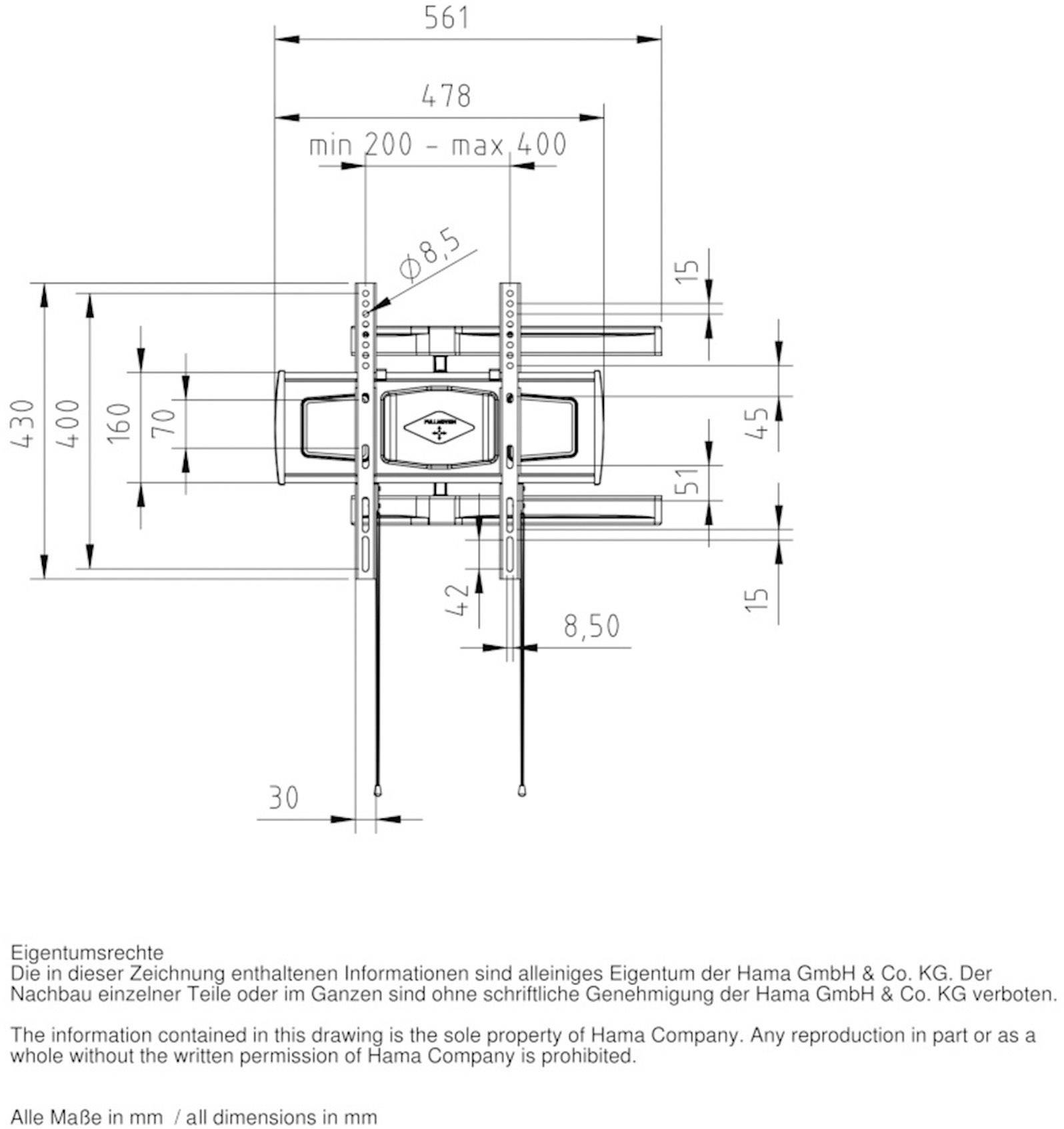 Hama 00108749 FULLMOTION "Ultraslim" TV-Wandhalterung Ausziehbar 58,4 cm (23") - 139,7 cm (55") Neigbar+Schwenkbar, Rotierbar