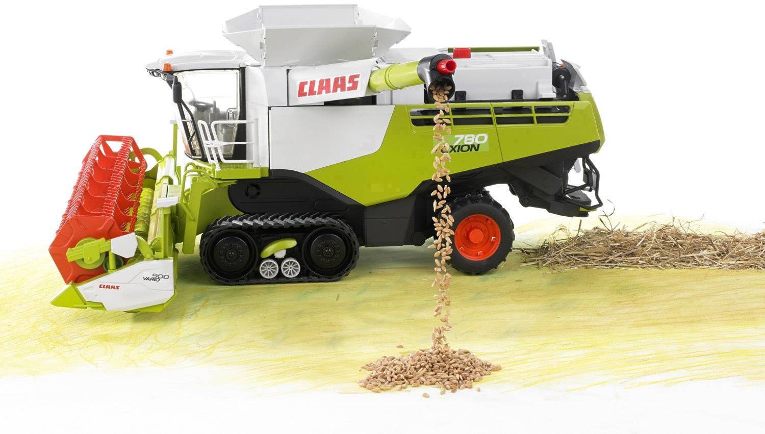 Ein grüner und weißer Mähdrescher mit der Aufschrift 'CLAAS' erntet Getreide. Links ist ein rotes Schneidwerk, rechts fällt das Stroh heraus.